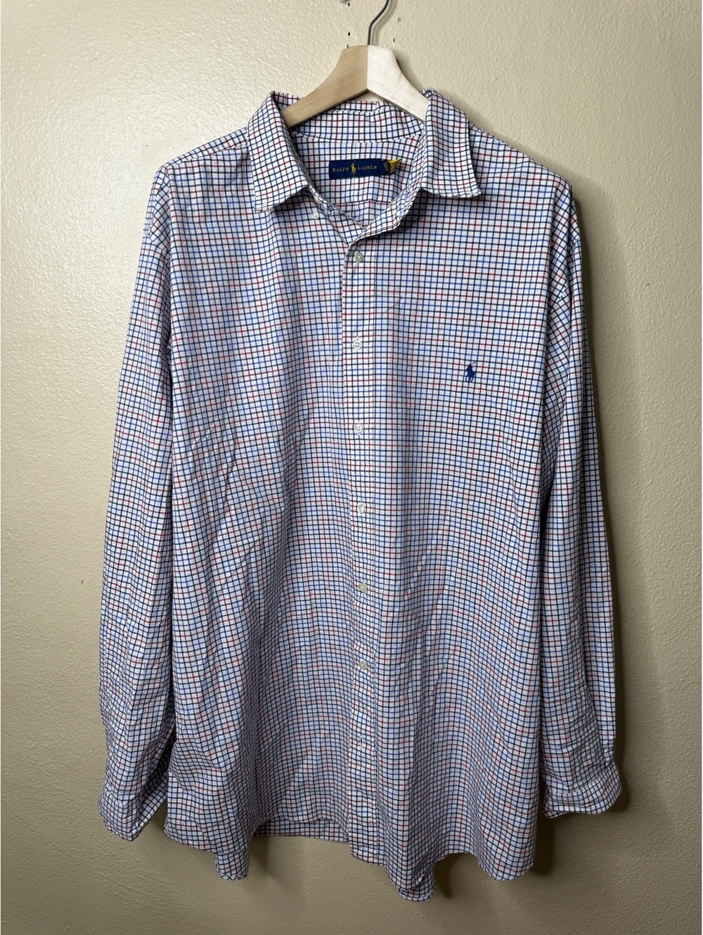 Ralph Lauren Men’s 3XLT White Blue Red Plaid Stretch Button Down Shirt Pony Logo